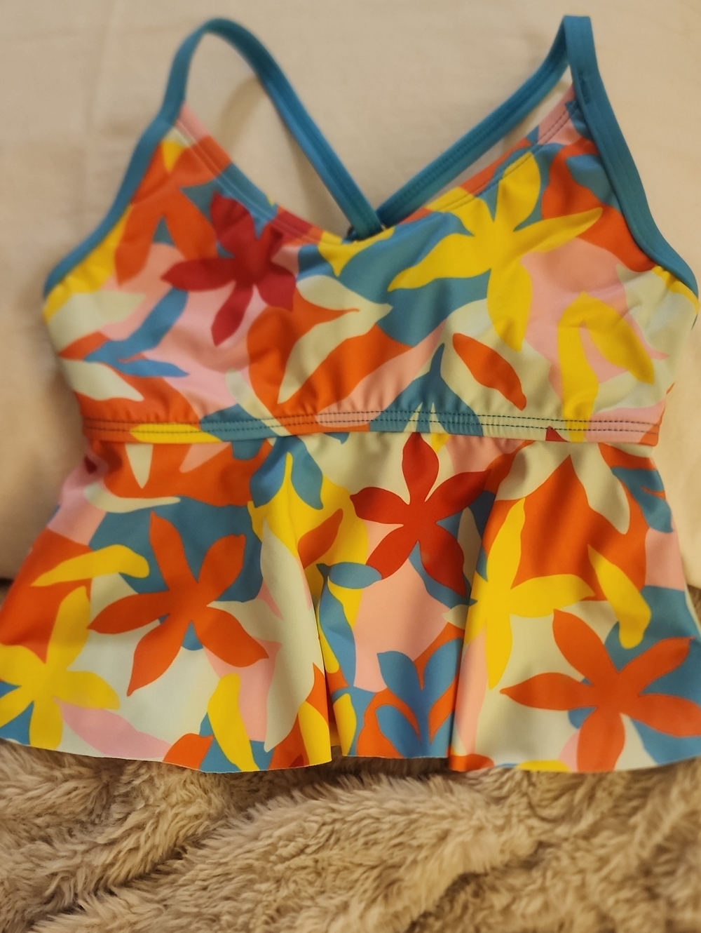 Lands' End Sz 4 Ruffle Tankini Swim Top with Blue Trim
